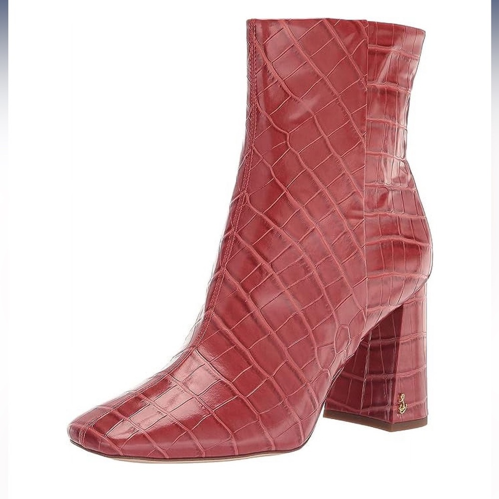 Sam Edelman Red Croc-Embossed Block Heel Ankle Boots